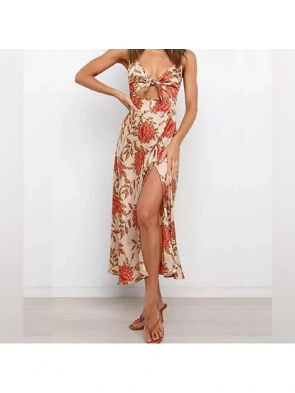 Petal & Pup Coral Floral Tie-Front Midi Dress - Picture 2 of 5
